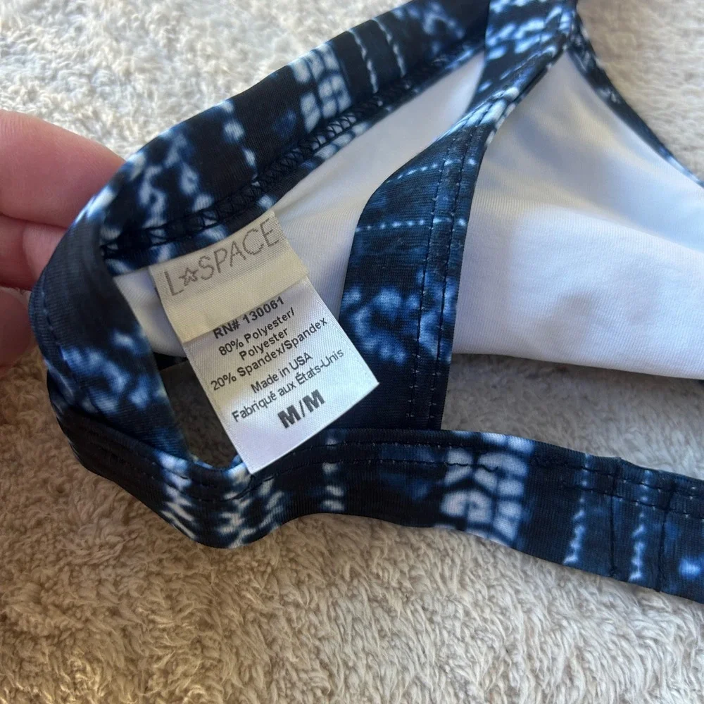 L*Space Blue Shibori Tie Dye Bikini Top Women Medium Fixed Straps Gold Clasp